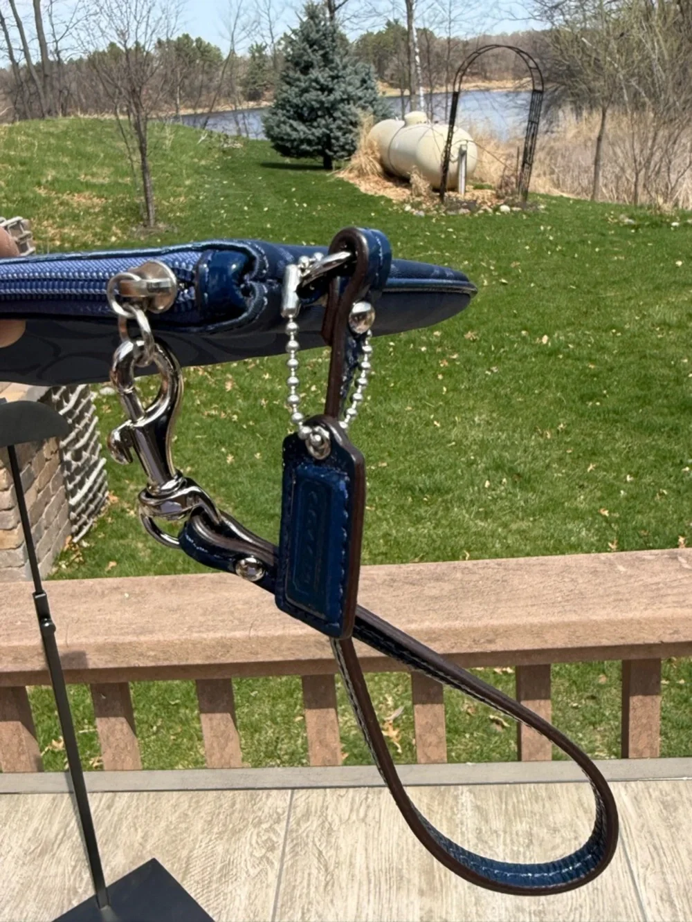 Coach Navy Sateen Logo and Patent Leather Small Wristlet EUC
